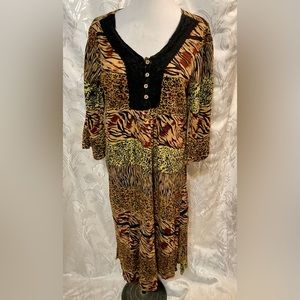 Phases Animal Print Brown Long Sleeve Pull Over Dress